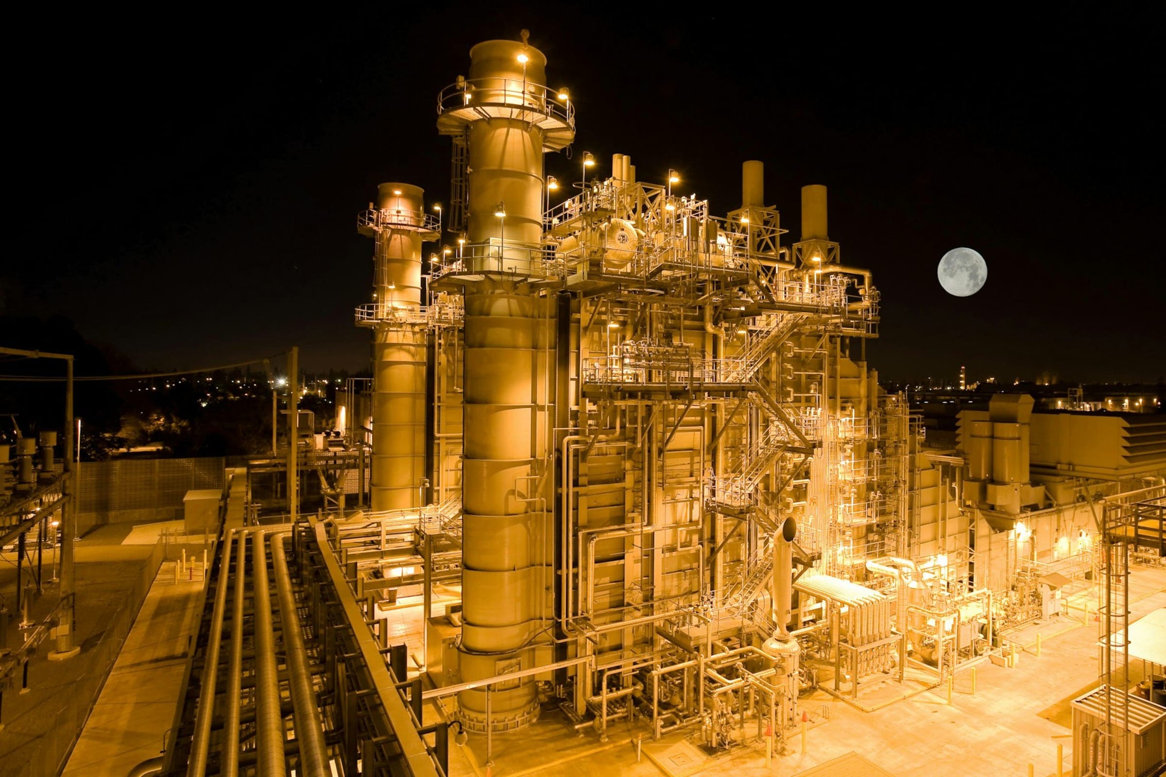 Aerial view of a natural-gas power facility at night